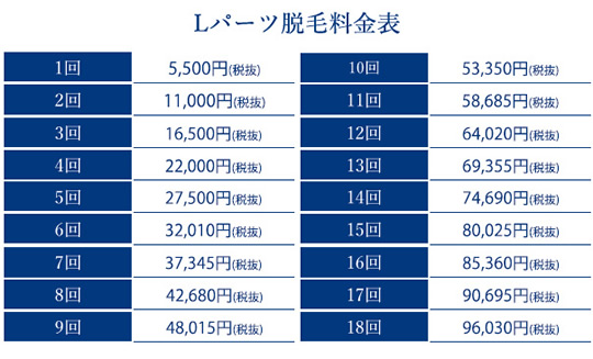 STLASSH（ストラッシュ） 部位脱毛 Lパーツ料金表