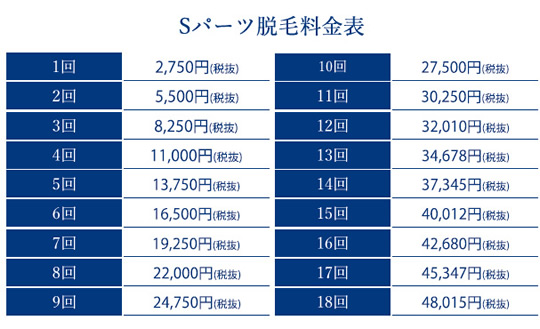 STLASSH（ストラッシュ） 部位脱毛 Sパーツ料金表